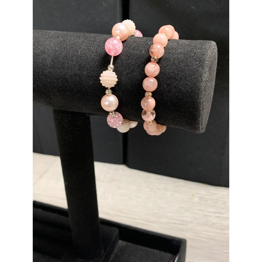 Pink Beaded Stretch Bracelet Set Bow Faux Pearl Stone Beads 2 Piece 5-6 Inch